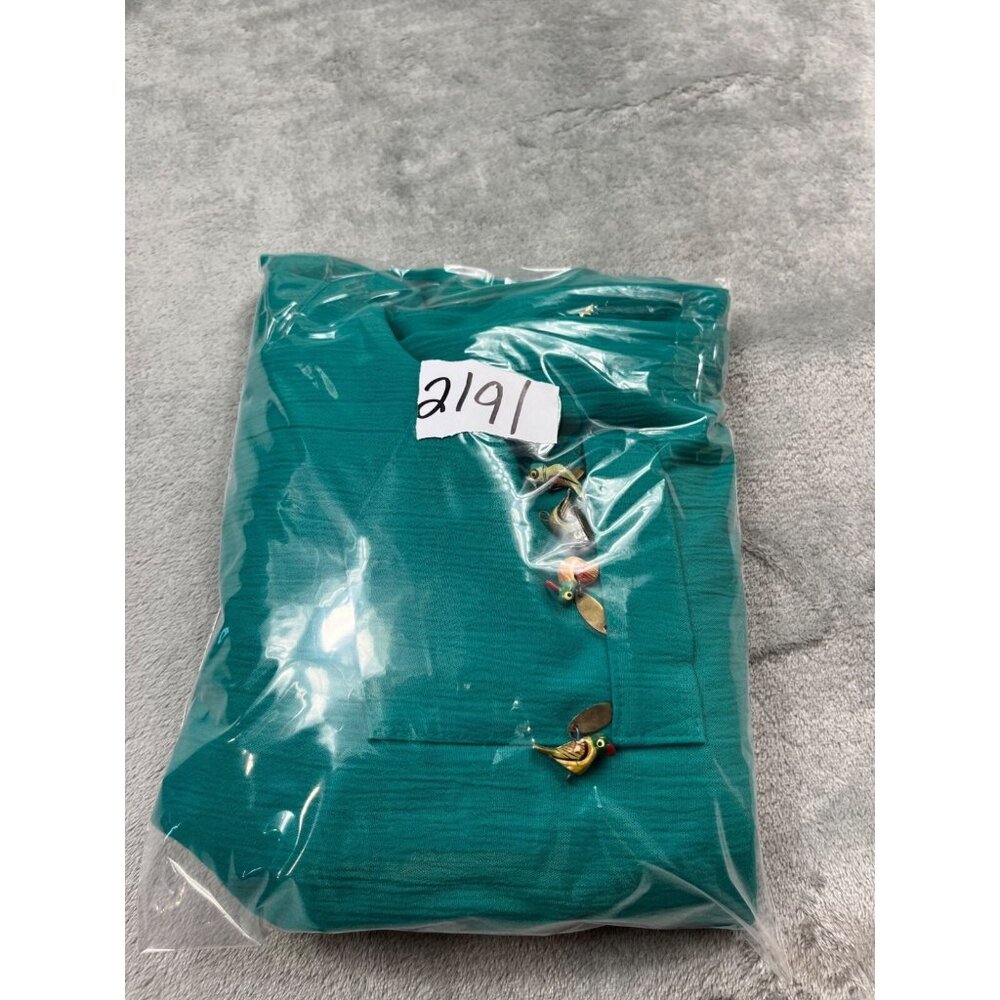 Vintage Niki Danielle Dress Women 14 Turquoise Shirt Dress Bird Brooch USA Made - Picture 10 of 10